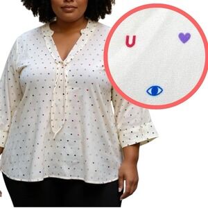 Modcloth Eye Heart U Tie Neck Blouse Womens 4X Ivory Whimsical Office I Love You